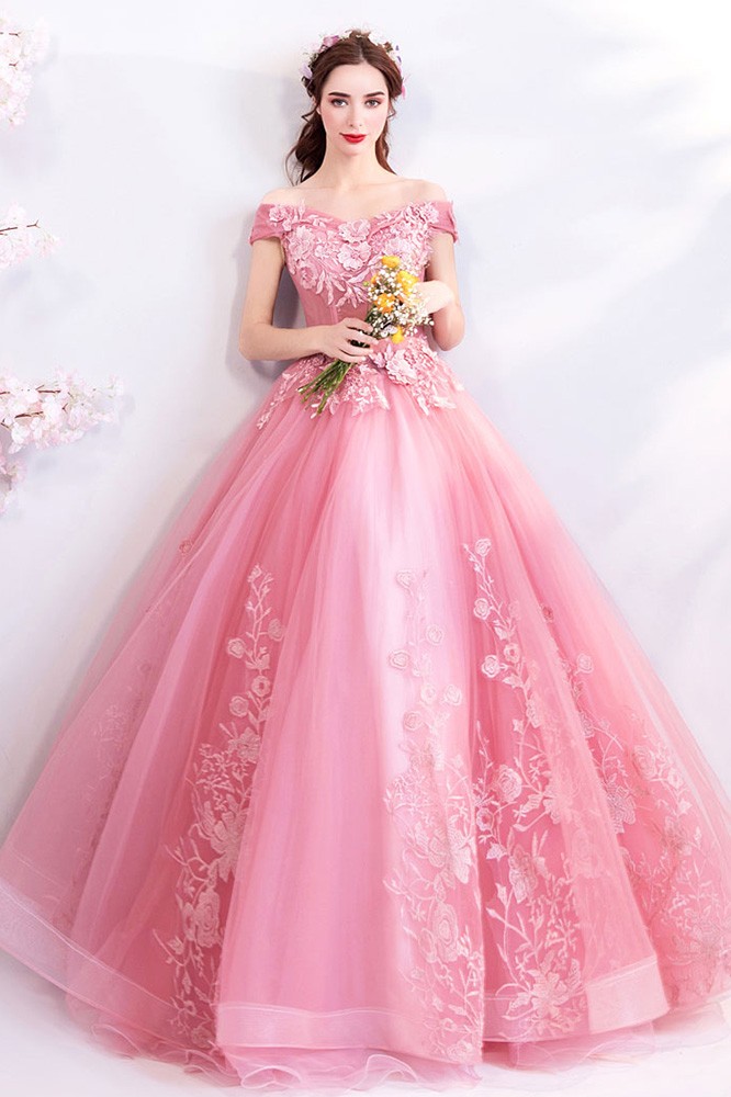 Gorgeous Pink Lace Ball Gown Formal Prom Dress With Flowers Wholesale T69177 