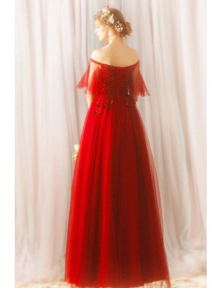 Flowy Red Tulle Beaded Lace Prom Dress Long With Off Shoulder