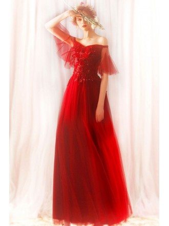 Flowy Red Tulle Beaded Lace Prom Dress Long With Off Shoulder