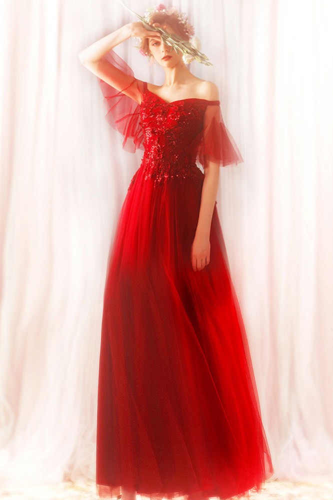 Flowy Red Tulle Beaded Lace Prom Dress Long With Off Shoulder Wholesale T69178 6347