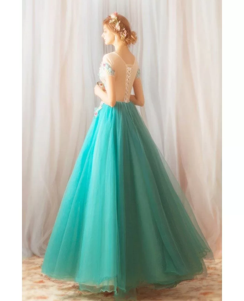 Unique Fairy Teal Green Tulle Prom Dress With Sheer Top Flowers ...