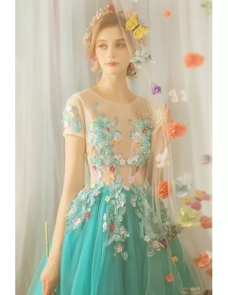Unique Fairy Teal Green Tulle Prom Dress With Sheer Top Flowers