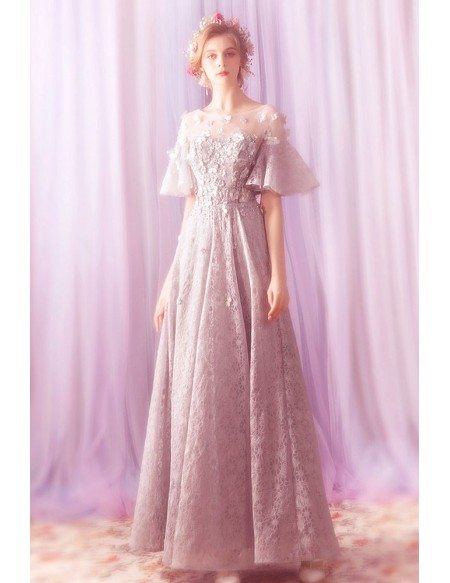 Charming Grey Lace A Line Prom Dress With Butterfly Sleeves