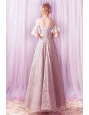 Charming Grey Lace A Line Prom Dress With Butterfly Sleeves