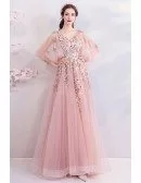 Fairy Blush Pink Tulle Long Prom Dress With Butterfly Sleeves Embroidery