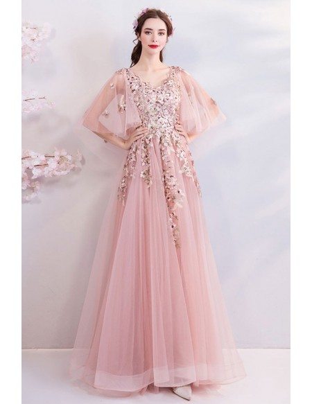Fairy Blush Pink Tulle Long Prom Dress With Butterfly Sleeves ...