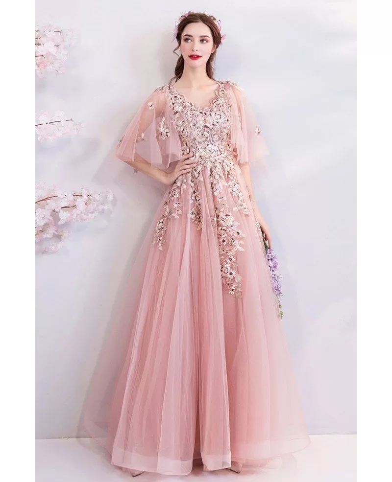 Fairy Blush Pink Tulle Long Prom Dress With Butterfly Sleeves ...