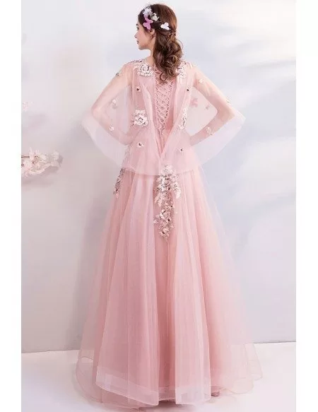 Fairy Blush Pink Tulle Long Prom Dress With Butterfly Sleeves Embroidery