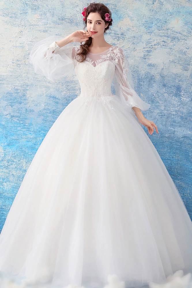 Classy Lace Sheer Sleeves Ball Gown Wedding Dress Princess Wholesale # ...