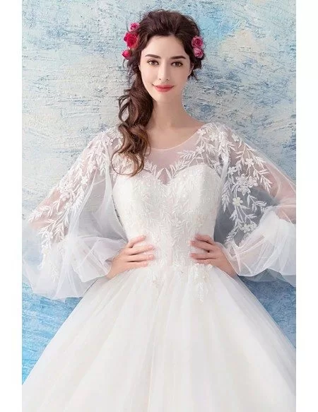Classy Lace Sheer Sleeves Ball Gown Wedding Dress Princess