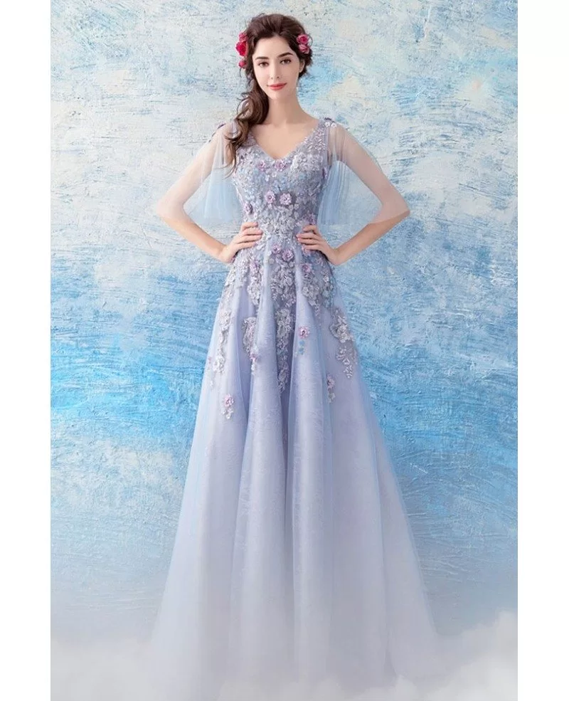 Gorgeous Blue Floral A Line Long Prom Dress With Tulle Sleeves