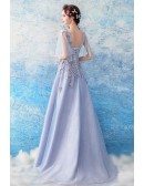 Gorgeous Blue Floral A Line Long Prom Dress With Tulle Sleeves