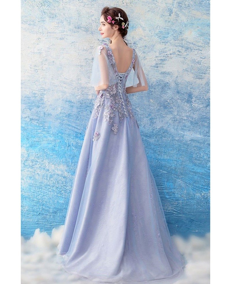Gorgeous Blue Floral A Line Long Prom Dress With Tulle Sleeves ...