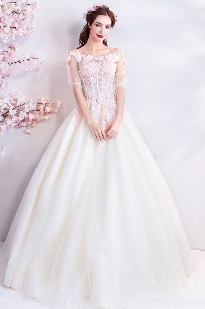 Fairy Princess Pink Flowers Corset Wedding Dress With Sleeves Wholesale ...