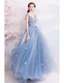 Fatasy Dusty Blue Long Tulle Prom Dress Flowy With Beading