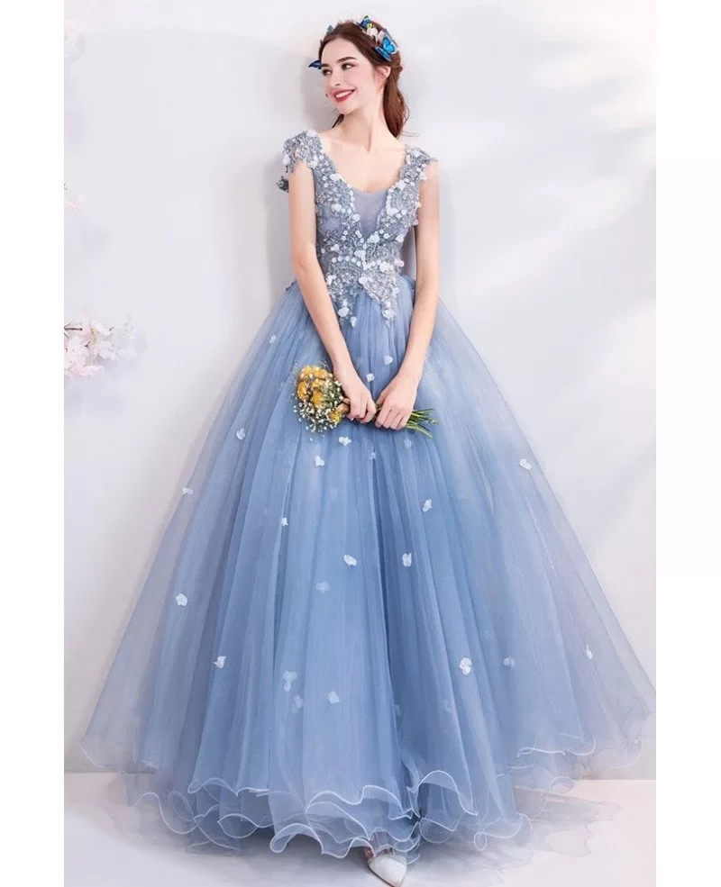 Fatasy Dusty Blue Long Tulle Prom Dress 