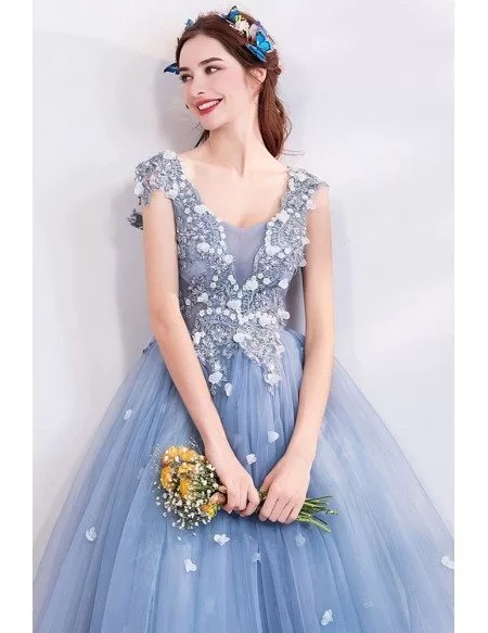 Fatasy Dusty Blue Long Tulle Prom Dress Flowy With Beading