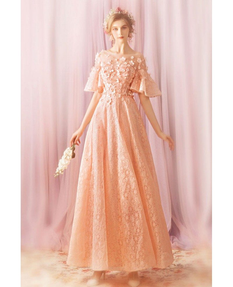 Gorgeous Cute Pink Long Lace Prom Dress With Bell Sleeves Flowers ...