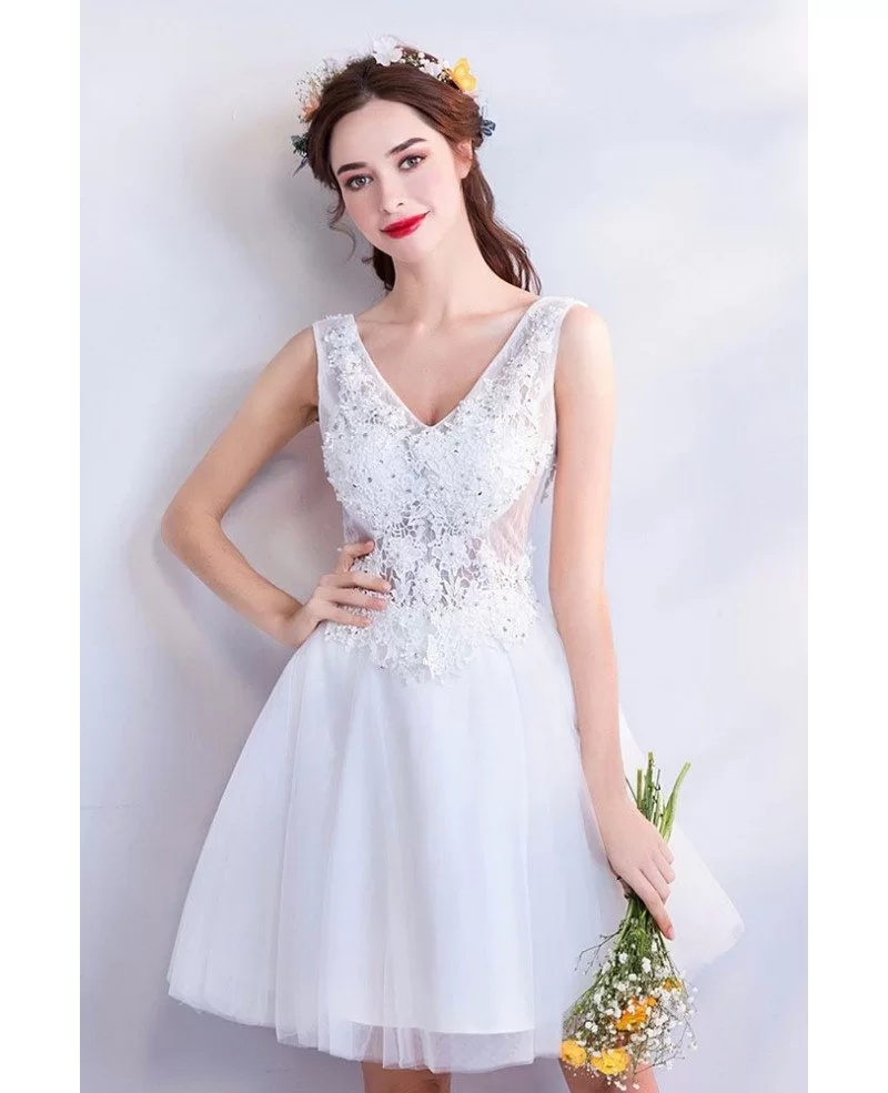 White Lace Vneck Short Bridal Party Dress