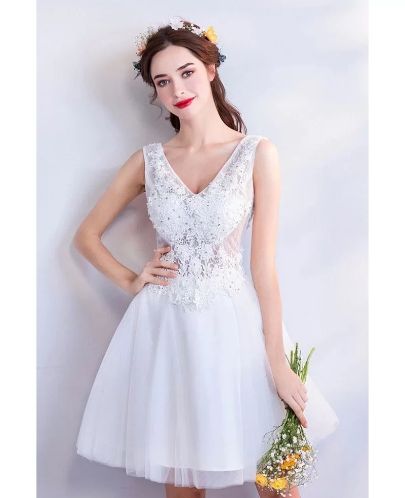 Gorgeous White Lace V neck Short Bridal Party Dress Sleeveless Wholesale T69191 GemGrace