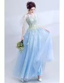 Dreamy Blue Flowers Flowy Long Tulle Prom Dress With Puffy Sleeves