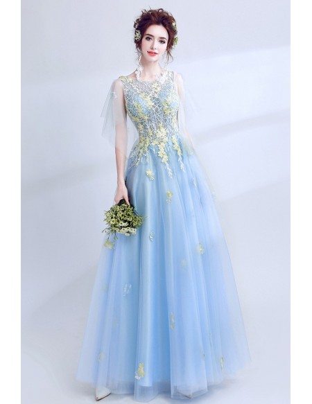 Dreamy Blue Flowers Flowy Long Tulle Prom Dress With Puffy Sleeves ...