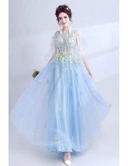 Dreamy Blue Flowers Flowy Long Tulle Prom Dress With Puffy Sleeves