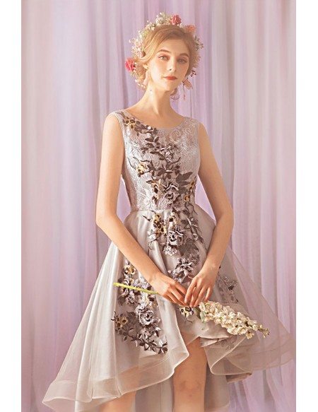 Chic Grey Embroidery Lace High Low Short Prom Dress For Parties
