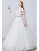 Romantic Ball-Gown Off-the-Shoulder Sweep Train Tulle Wedding Dress With Beading Appliques Lace