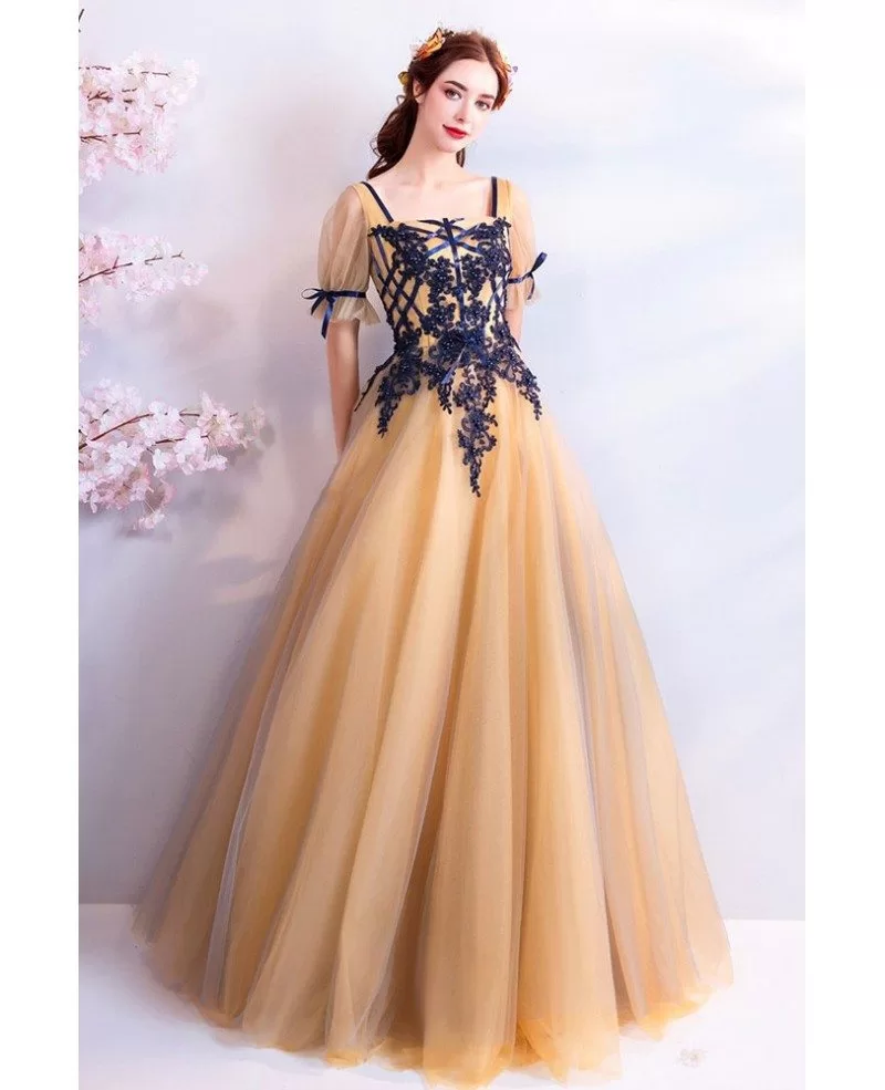 Retro Princess Yellow Tulle Ball Gown Prom Dress Formal ...