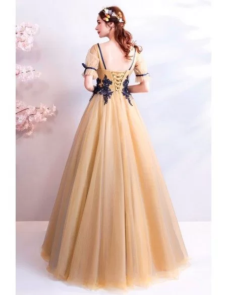 Retro Princess Yellow Tulle Ball Gown Prom Dress Formal With Sleeves
