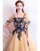 Retro Princess Yellow Tulle Ball Gown Prom Dress Formal With Sleeves