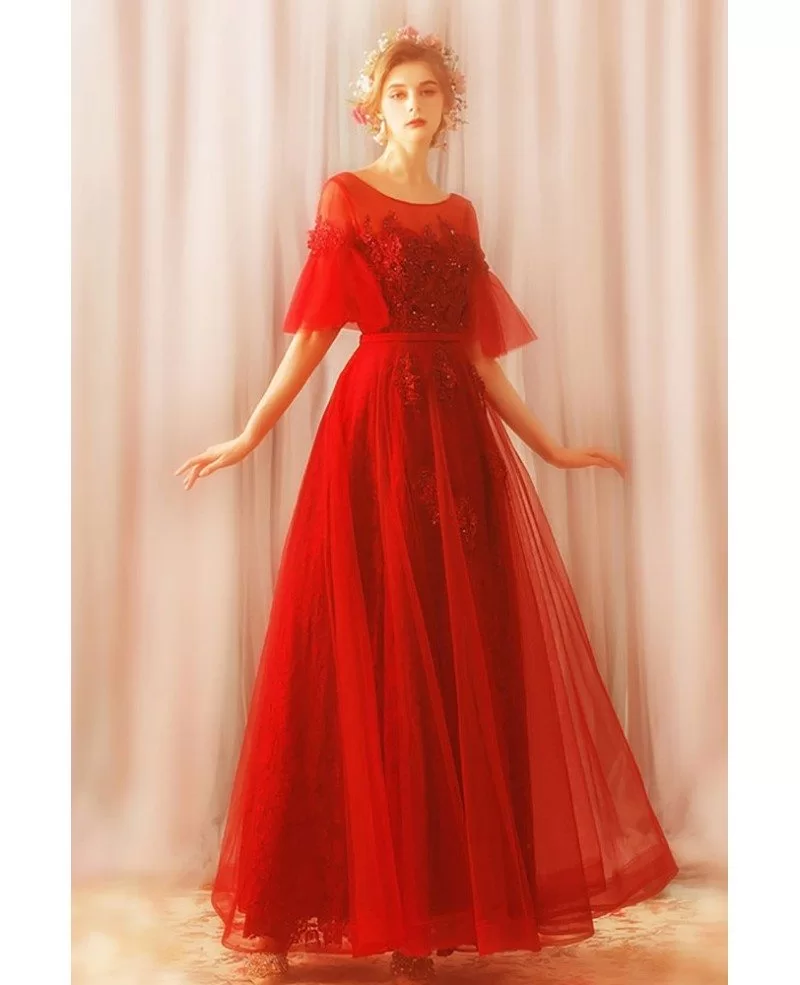 Modest Long Red Tulle A Line Party Dress With Sleeves Lace Up Wholesale  #T69196 