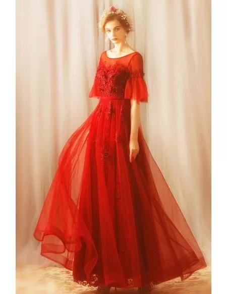 Modest Long Red Tulle A Line Party Dress With Sleeves Lace Up