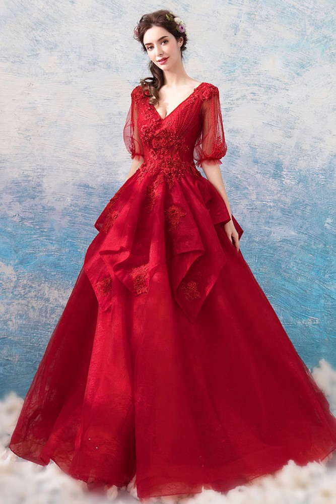 Formal Burgundy Red Lace Ball Gown Prom Dress With Half Sleeves ...