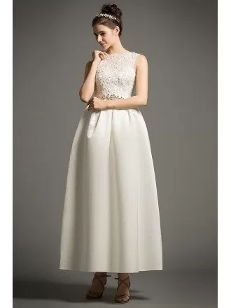Simple A-Line Scoop Neck Ankle-Length Satin Wedding Dress With Appliques Lace