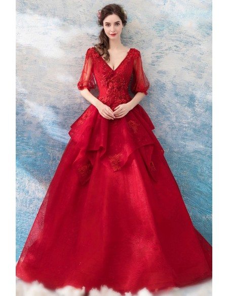 Formal Burgundy Red Lace Ball Gown Prom Dress With Half Sleeves