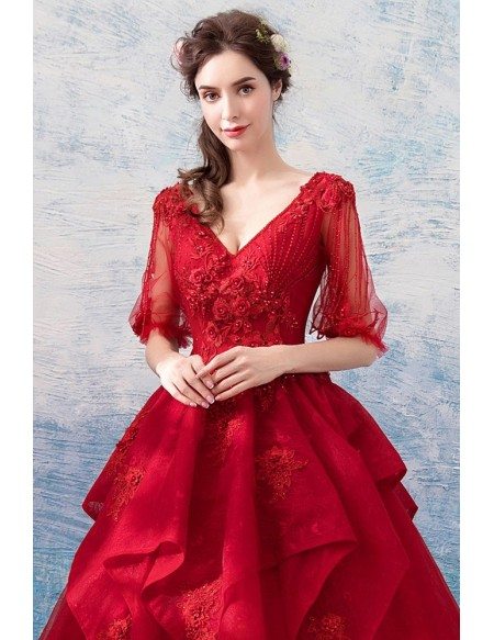 Formal Burgundy Red Lace Ball Gown Prom Dress With Half Sleeves