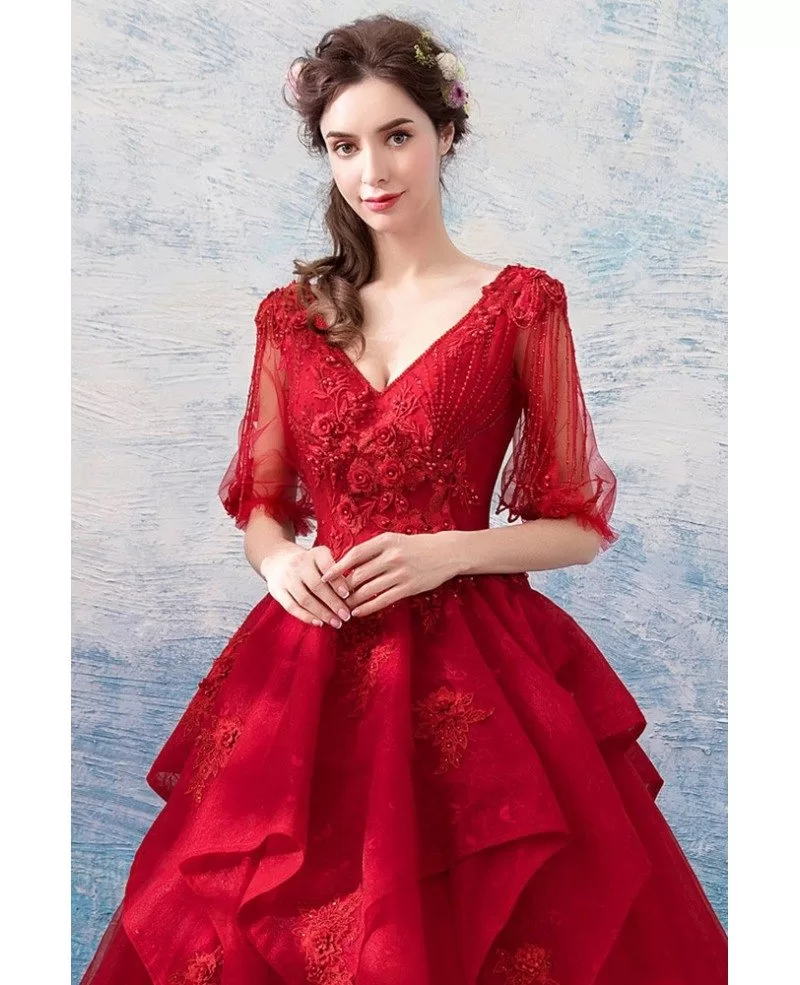 Formal Burgundy Red Lace Ball Gown Prom Dress With Half Sleeves ...