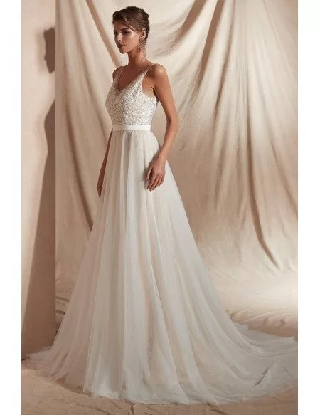 2019 Elegant Sweetheart Tulle Wedding Dress with Straps Lace Beads
