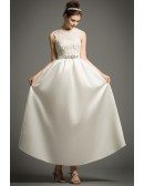 Simple A-Line Scoop Neck Ankle-Length Satin Wedding Dress With Appliques Lace