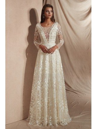 Elegant 2019 Romantic Lace Beaded Wedding Dress with Long Sleeves