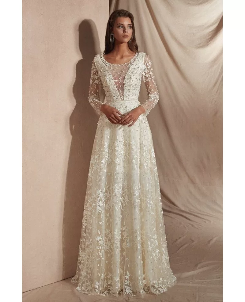 Elegant 2019 Romantic Lace Beaded Wedding Dress with Long Sleeves ...