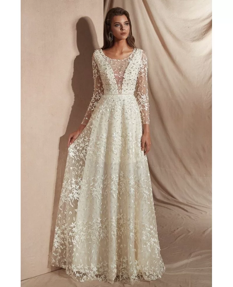 Elegant 2019 Romantic Lace Beaded Wedding Dress with Long Sleeves ...