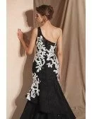 Sexy One Shoulder Black Formal Gown with White Applique 2019