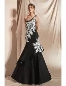 Sexy One Shoulder Black Formal Gown with White Applique 2019