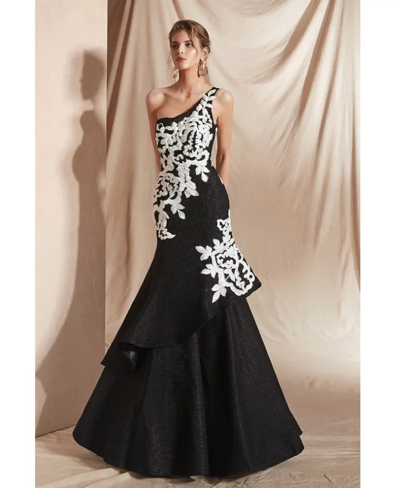 sexy one shoulder black formal gown with white applique 2019