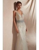 2019 Fitted Mermaid Double Deep V Formal Dress with Sparkly Beading