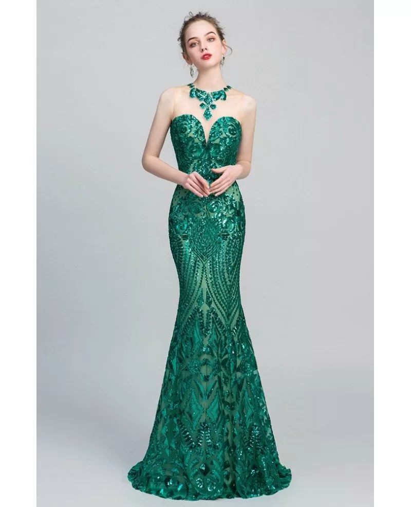 Sparkly Green Long Sequin lace Prom Dress In Mermaid Style 27003a 