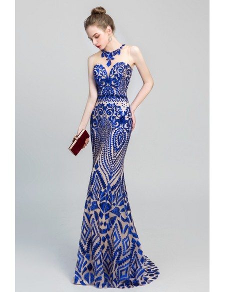 Sexy Royal Blue Shiny Sequin Fitted Mermaid Prom Dress For 2019